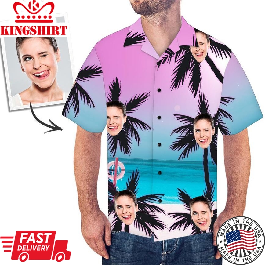 Custom Face All Over Print Beach Style Hawaiian Shirt Coconut Trees