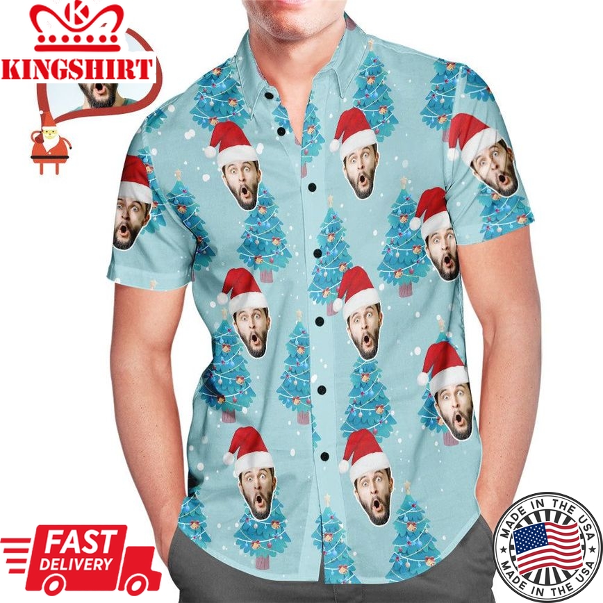 Custom Face All Over Print Blue Hawaiian Shirt Christmas Tree Style Gift For Him