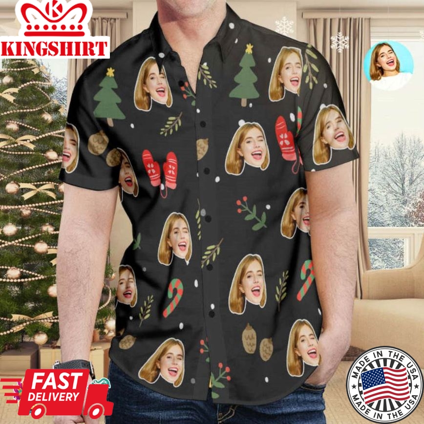 Custom Face All Over Print Christmas Trending Hawaiian Shirts Hawaiian Shirt Christmas Gloves Crutch Shirt Gift For Him