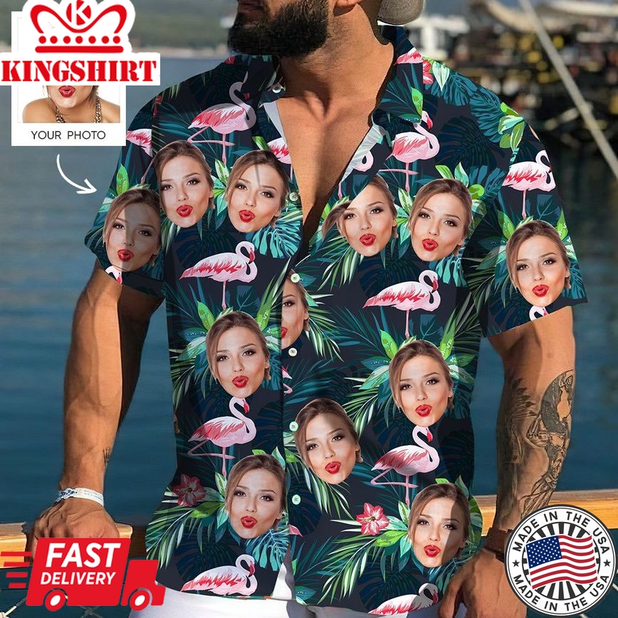 Custom Face All Over Print Hawaiian Shirt Flamingo Flowers And Leaves