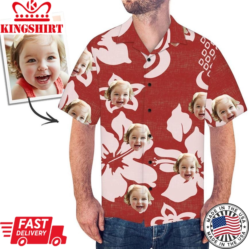 Custom Face All Over Print Red Hawaiian Shirt Petal