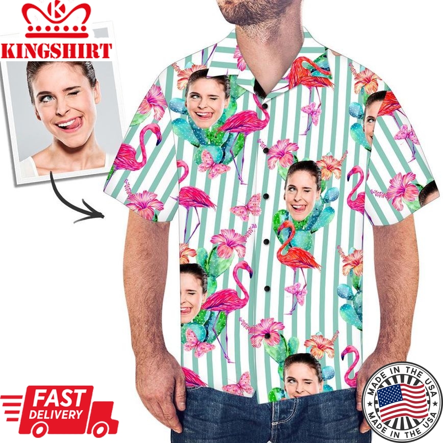 Custom Face All Over Print Stripe Hawaiian Shirt Flamingo