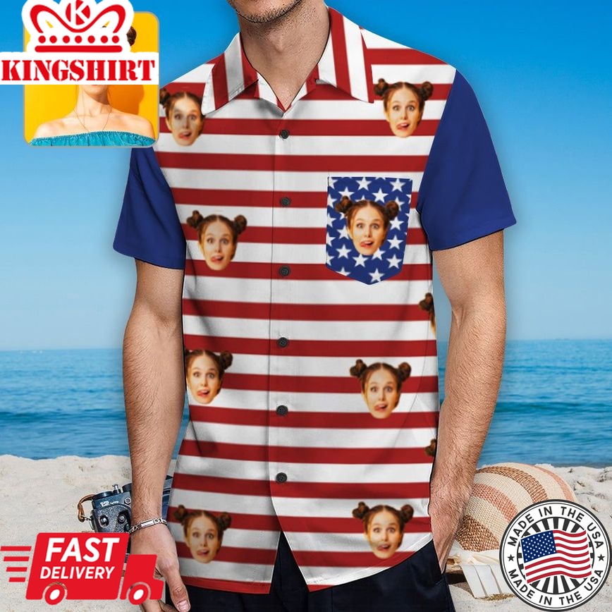 Custom Face American Flag Trendy Hawaiian Shirt With Chest Pocket Personalized Aloha Shirt