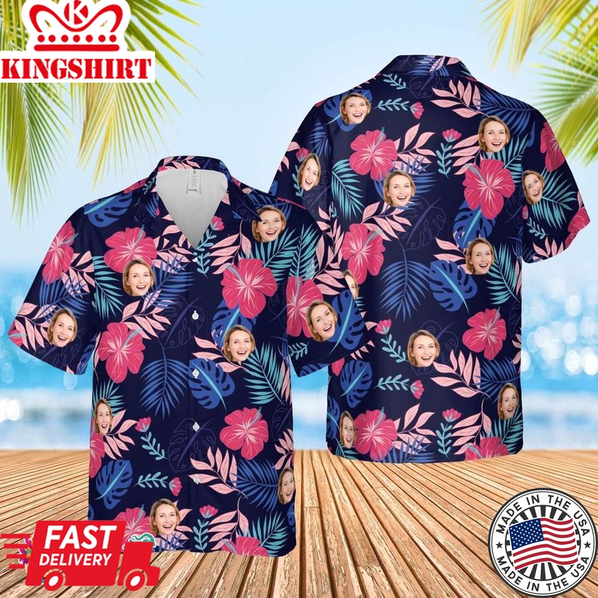 Custom Face And Name Hawaiian Shirt, Personalized Gift For Boyfriend Or Husband Photo Leaves Flower Flamingo Hawaiian Shirt