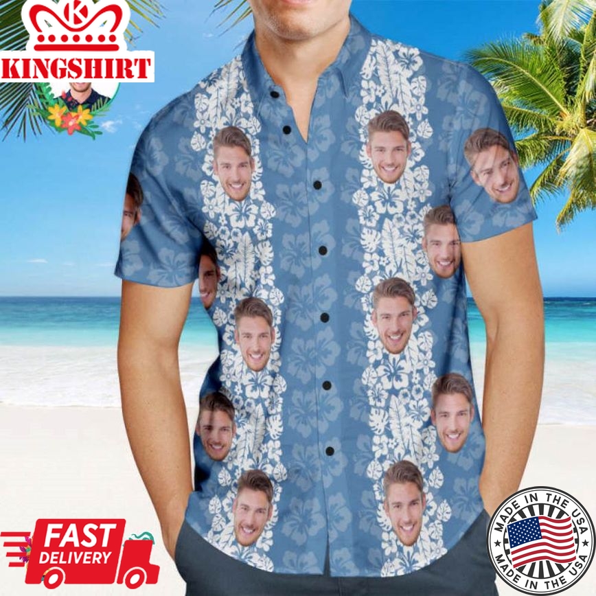 Custom Face Blue Hibiscus Pattern Men's Trending Hawaiian Shirts Hawaiian Shirt Aloha Beach Shirt Gift For Him