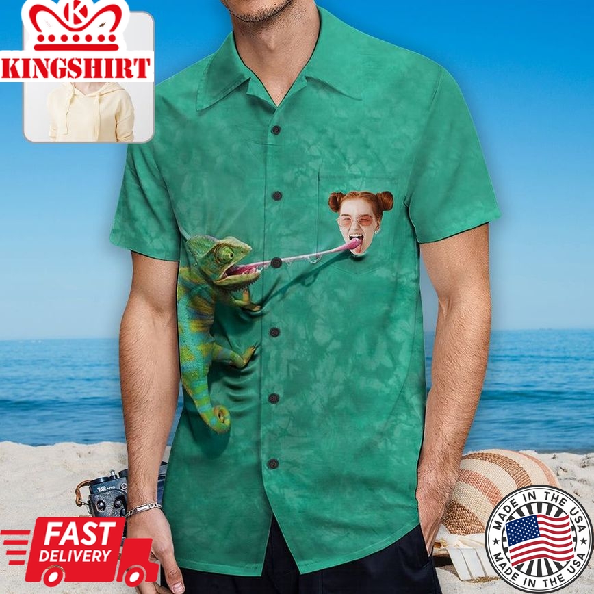 Custom Face Chameleon Trendy Hawaiian Shirt With Chest Pocket Personalized Aloha Shirt