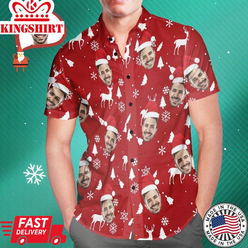 Custom Face Christmas Red Hawaiian Shirts Personalized Photo Shirts Gift For Men