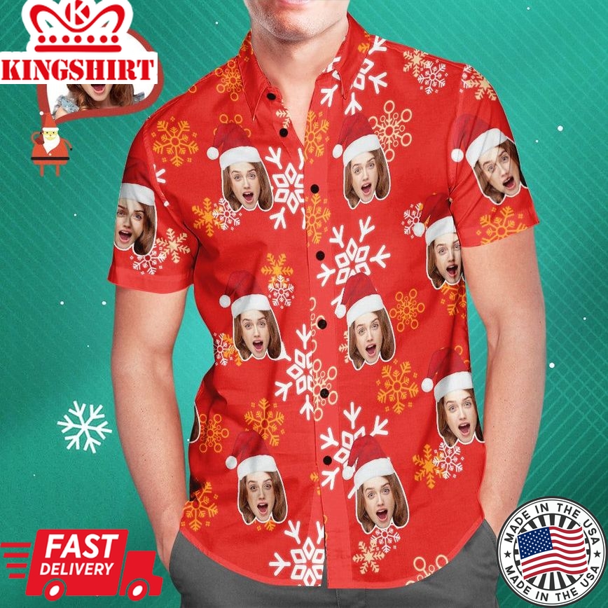 Custom Face Christmas Snowflake Men's Hawaiian Shirt Print Your Own Personalized Shirt For Him