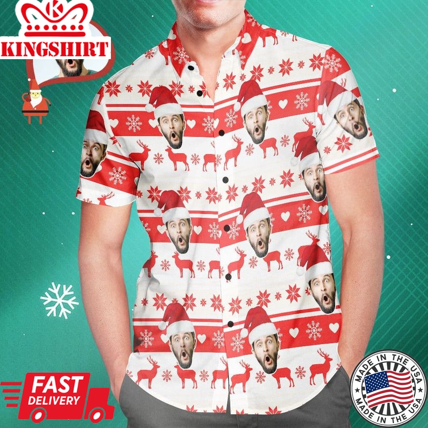 Custom Face Classic Christmas Moose Men's All Over Print Hawaiian Shirt Christmas Gift