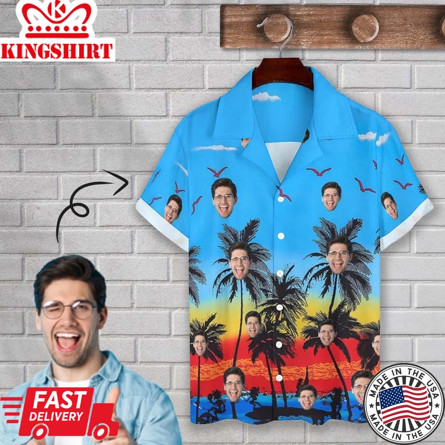 Custom Face Coconut Tree Sunset Blue Cuban Collar Shirt Trendy Hawaiian Shirt For Husband Or Boyfriend