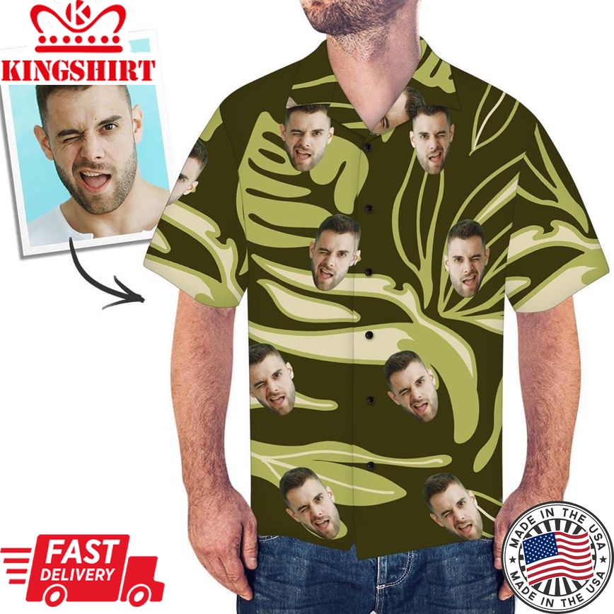 Custom Face Dark Green Hawaiian Shirt Leaves