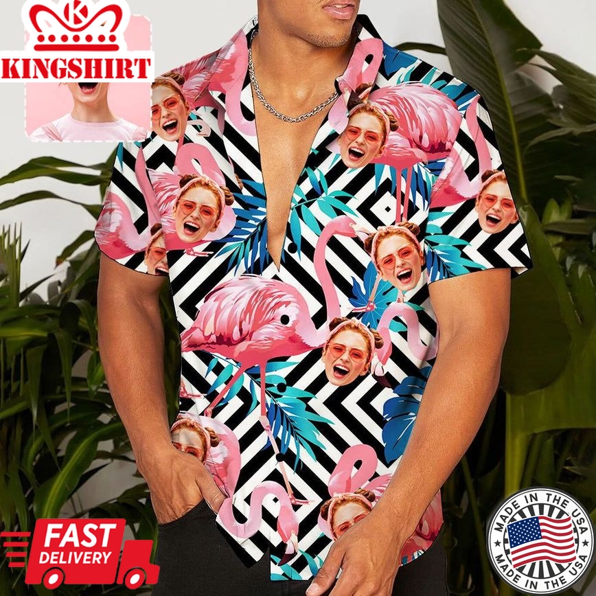 Custom Face Flamingo Stripes Trendy Hawaiian Shirt Personalized Beachwear