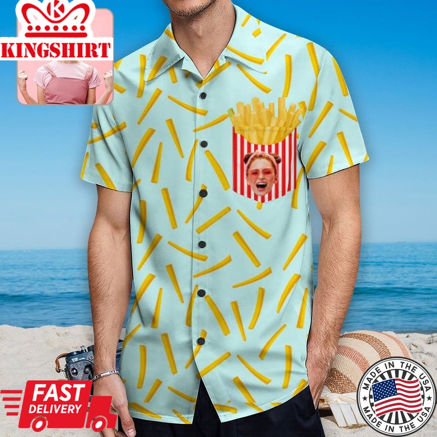 Custom Face French Fries Trendy Hawaiian Shirt With Chest Pocket Personalized Aloha Shirt