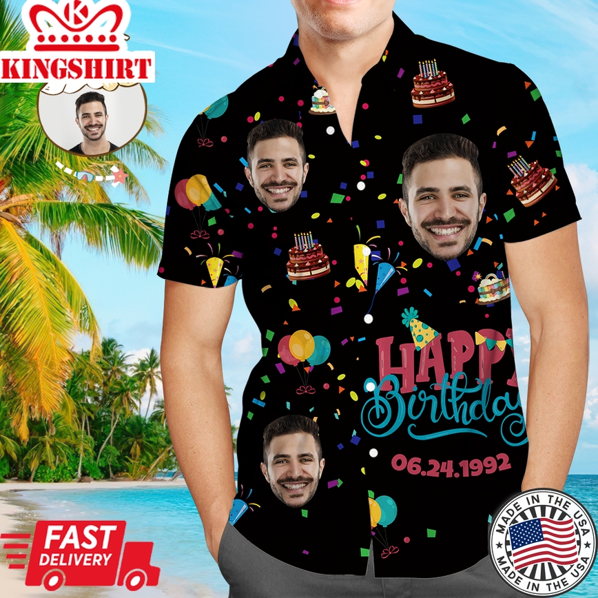 Custom Face Happy Birthday Hawaiian Shirt Men's All Over Print Unique Birthday Gift