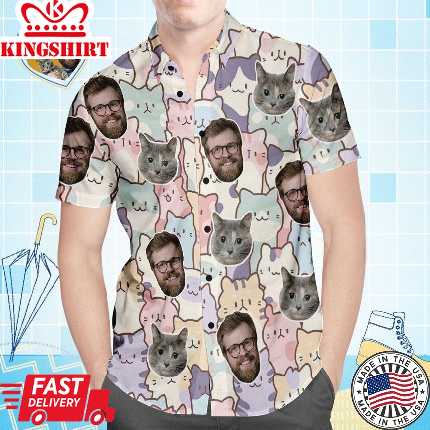 Custom Face Hawaiian Shirt All Over Print Men's Shirt Cat And Dad