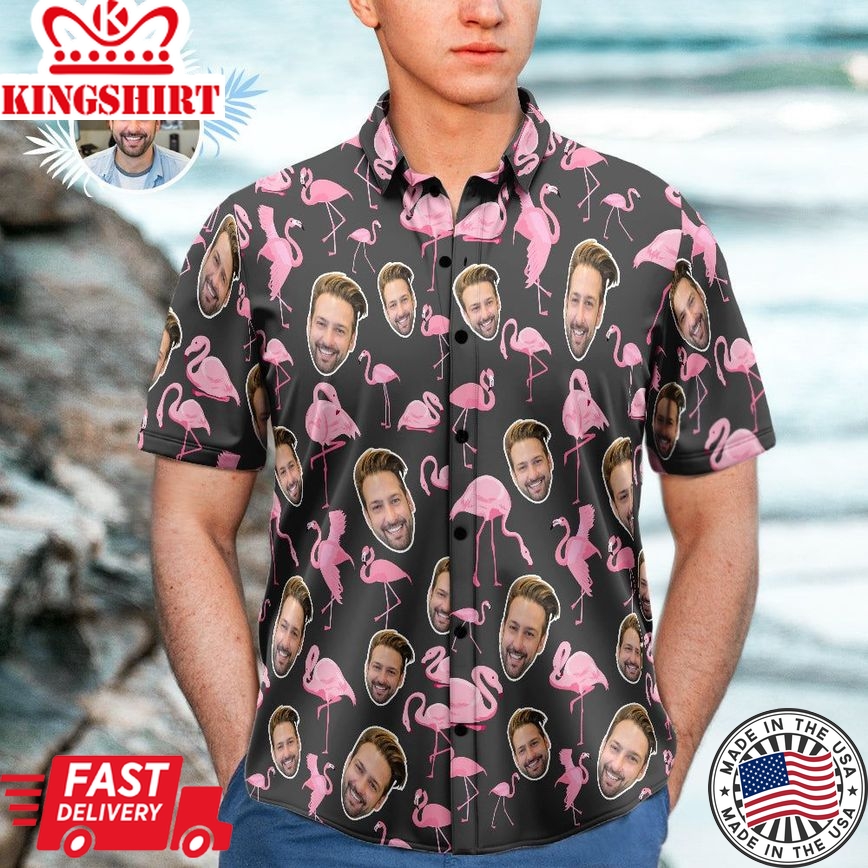 Custom Face Hawaiian Shirt Flamingo Gift For Men, Black Shirt