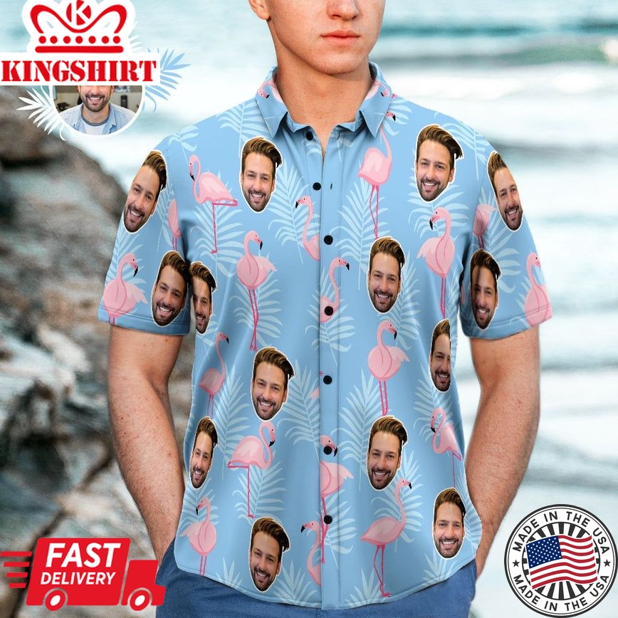 Custom Face Hawaiian Shirt Gifts For Men Flamingo Blue Shirt