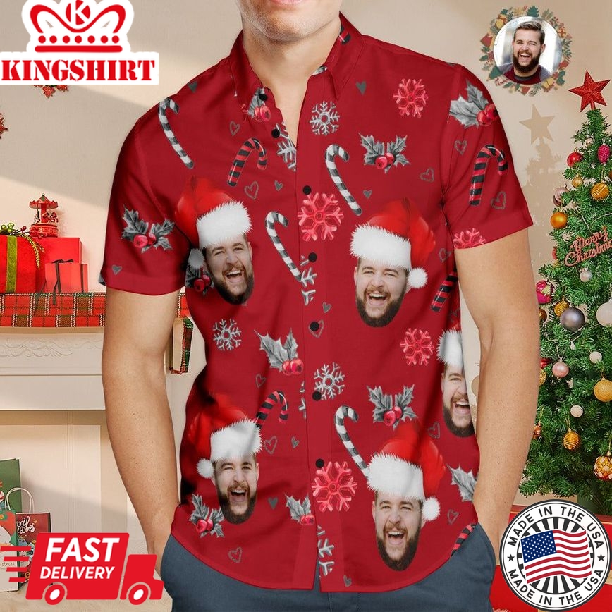 Custom Face Hawaiian Shirt Personalized Photo Christmas Shirts With Candy Canes For Men