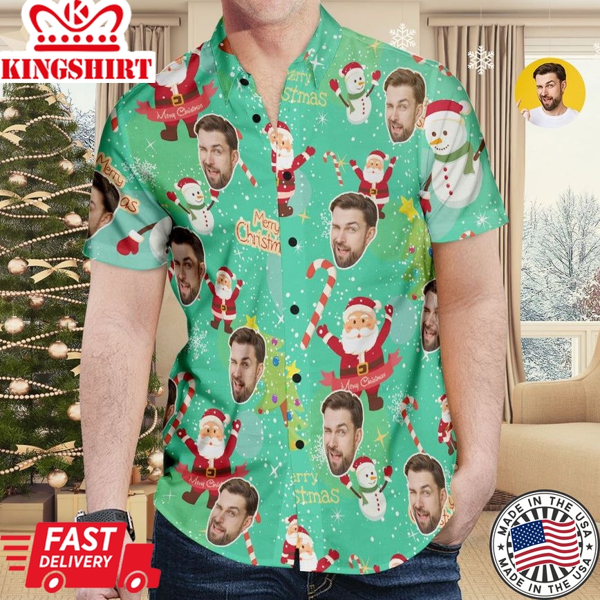 Custom Face Hawaiian Shirt Santa Claus And Snowman Shirt Christmas Gift For Men