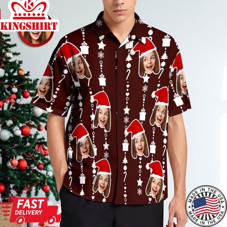 Custom Face Hawaiian Shirts For Men Personalised Photo Fun Christmas Shirts Gift For Men Casual Button-Down Shirt