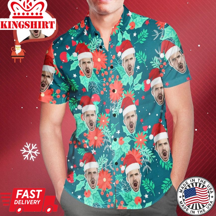 Custom Face Men's All Over Print Christmas Hawaiian Shirt Merry Xmas Is Coming Here