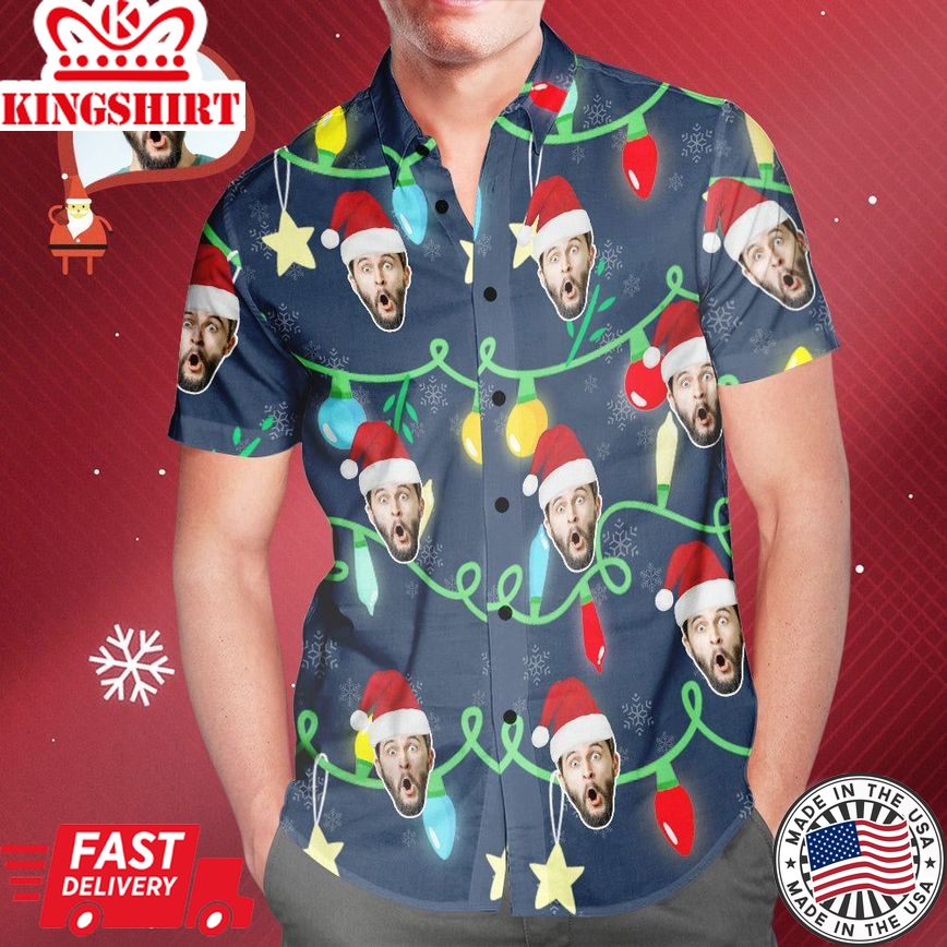 Custom Face Men's All Over Print Christmas Lights Hawaiian Shirt Christmas Gift