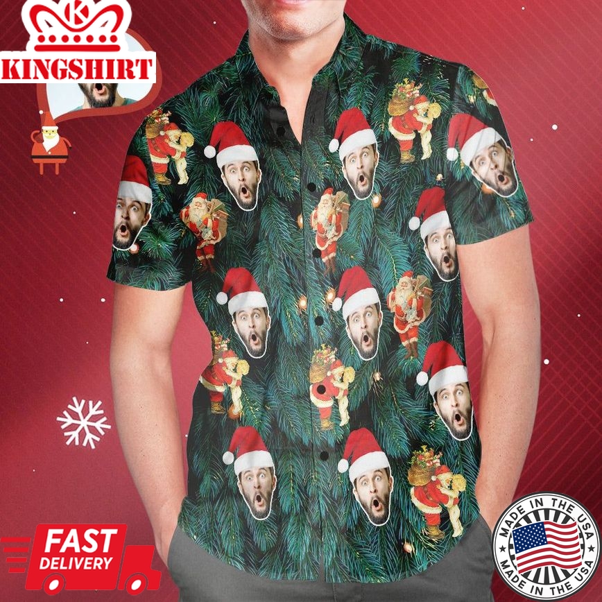 Custom Face Men's All Over Print Christmas Tree Style Hawaiian Shirt Christmas Gift