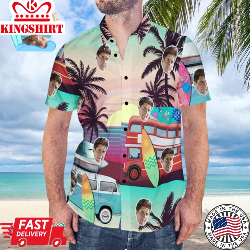 Custom Face Men's Coconut Tree Print Casual Vacation Short Sleeve Trending Hawaiian Shirts Hawaiian Shirt