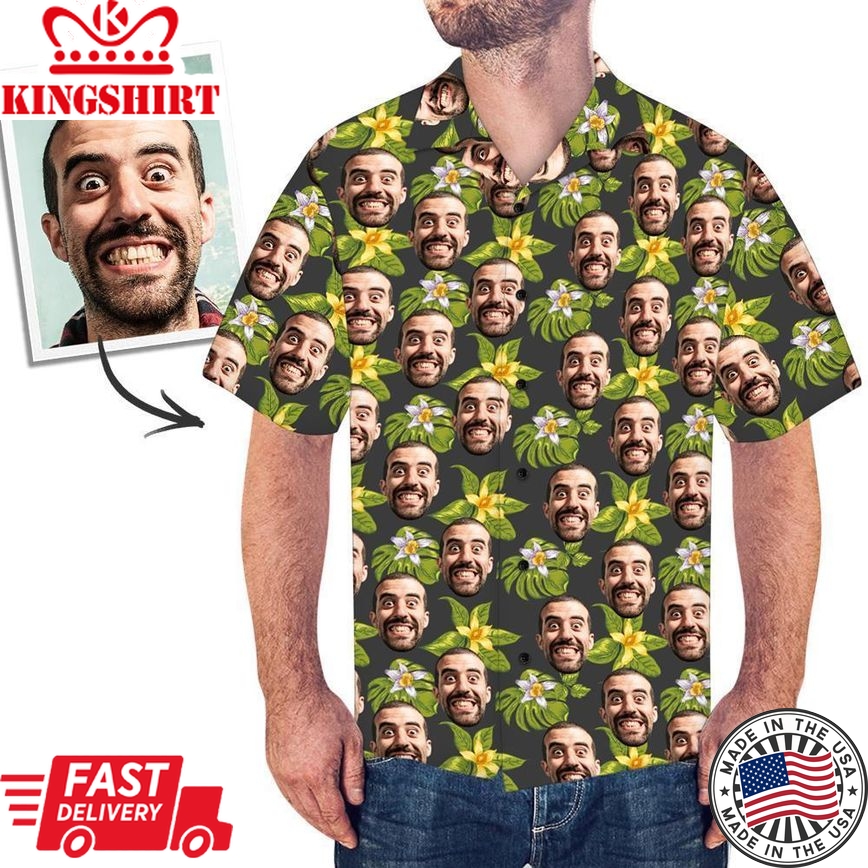 Custom Face Men's Hawaiian Style Beach Shirt Green Flowers