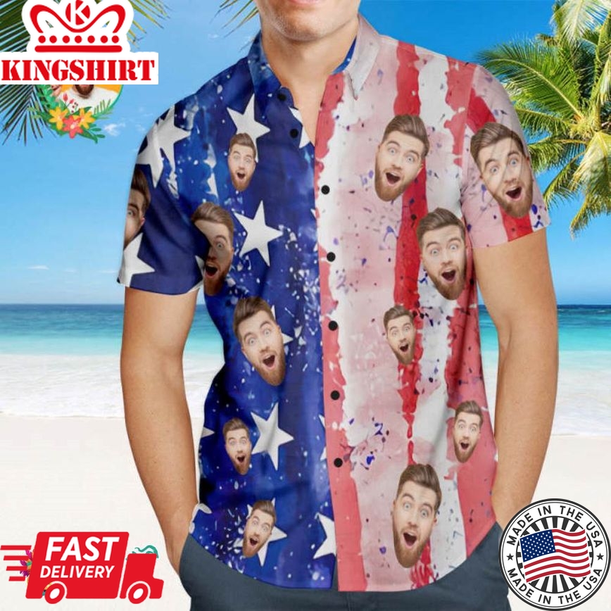 Custom Face Men's Patriotic Trending Hawaiian Shirts Hawaiian Shirt Casual Breathable Short Sleeve Trending Hawaiian Shirts Hawaiian Shirt