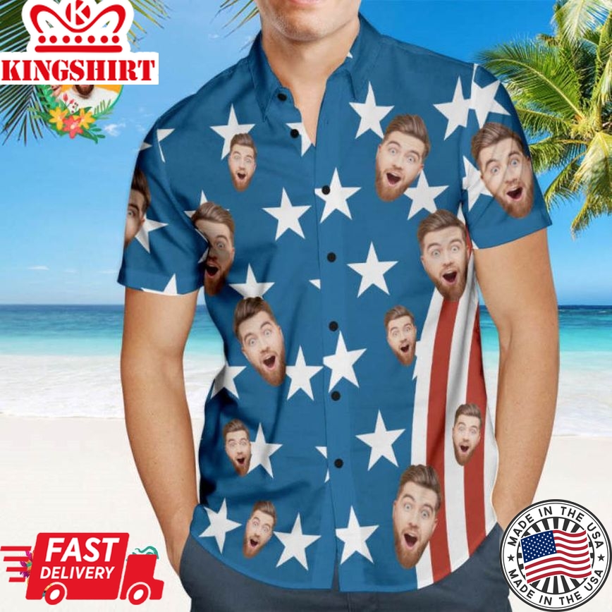 Custom Face Men's Trending Hawaiian Shirts Hawaiian Shirts 4Th Of July American Flag Patriotic Independence Day Trending Hawaiian Shirts Hawaiian Shirts