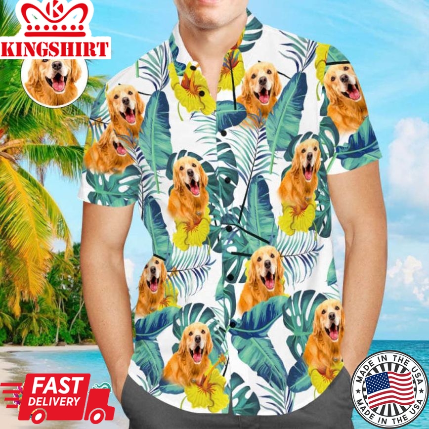 Custom Face Men Trending Hawaiian Shirts Hawaiian Shirts Personalized Cute Dog Face For Pet Lover - Green Leaves