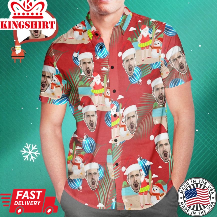 Custom Face Merry Christmas Santa Claus Men's All Over Print Hawaiian Shirt Christmas Gift