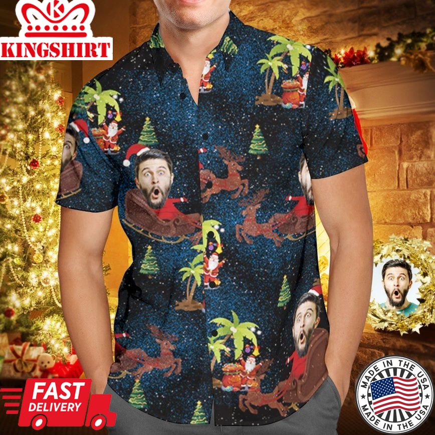 Custom Face Personalized Christmas Hawaiian Shirt Reindeer Pulling A Sleigh Christmas Gift