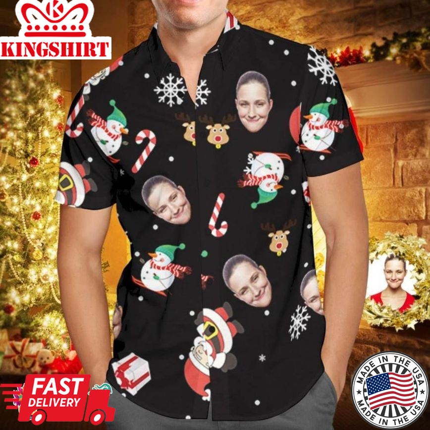 Custom Face Personalized Christmas Trending Hawaiian Shirts Hawaiian Shirt Snowman Skiing Candy Cane Holiday Gifts