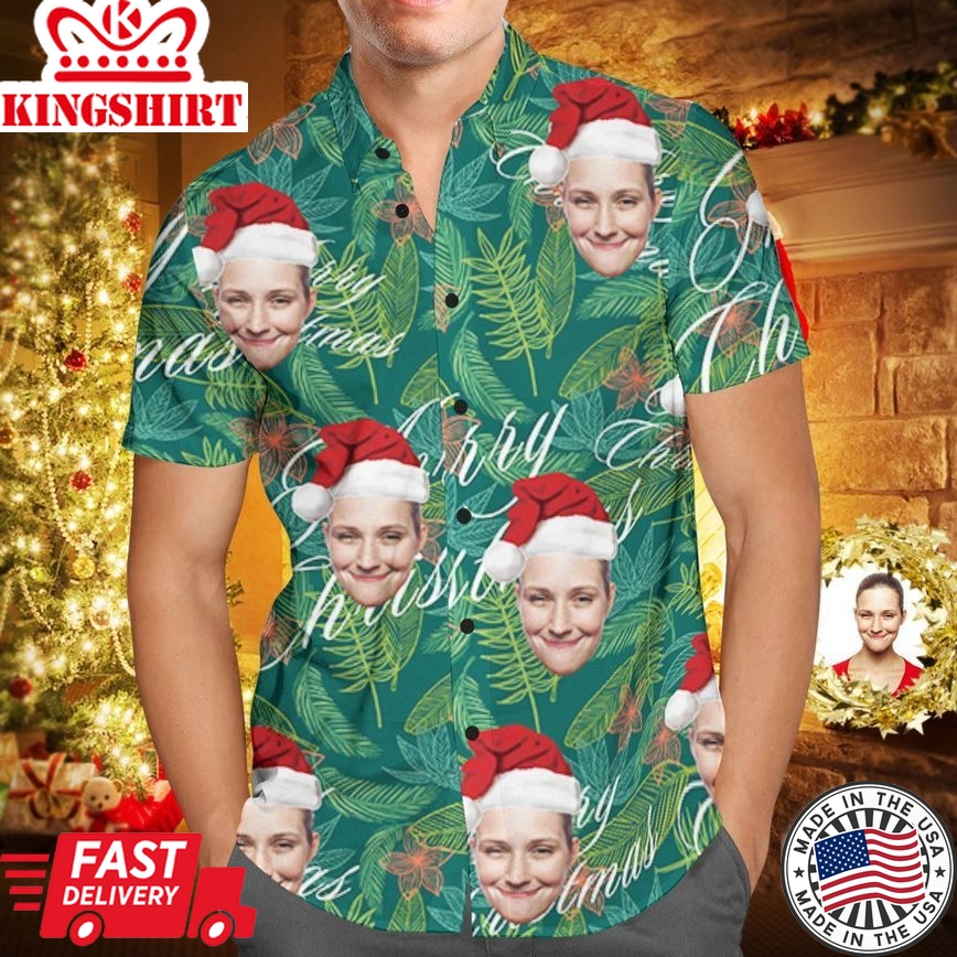 Custom Face Personalized Merry Christmas Hawaiian Shirt All Over Print Leaves