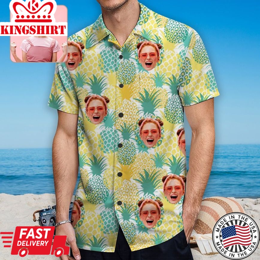 Custom Face Pineapple Trendy Hawaiian Shirt With Chest Pocket Personalized Aloha Shirt