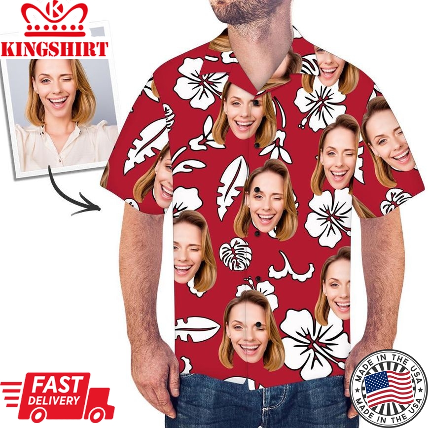 Custom Face Red Hawaiian Shirt Flowers And Leaves