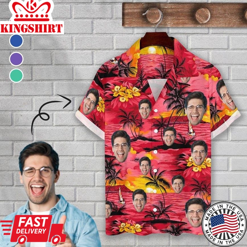 Custom Face Red Sea Sunset Cuban Collar Shirt Trendy Hawaiian Shirt For Husband Or Boyfriend