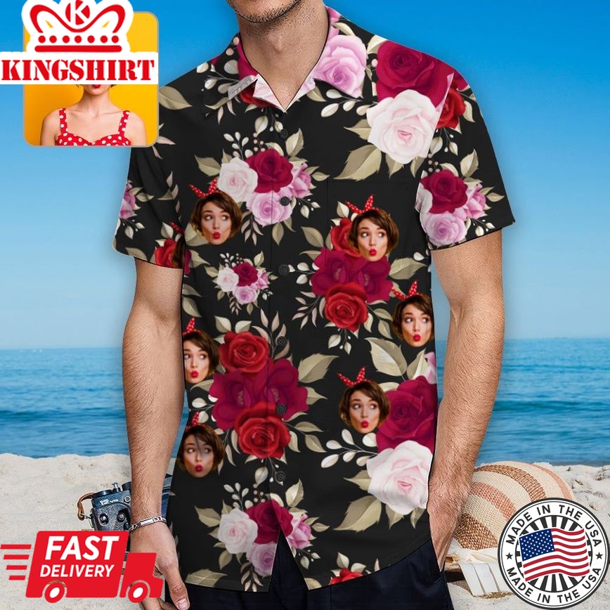 Custom Face Roses Trendy Hawaiian Shirt With Chest Pocket Personalized Aloha Shirt