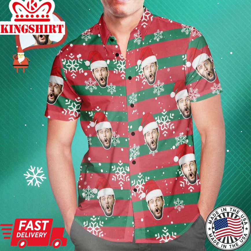 Custom Face Santa Red And Green Christmas Hawaiian Aloha Shirts Gift For Him