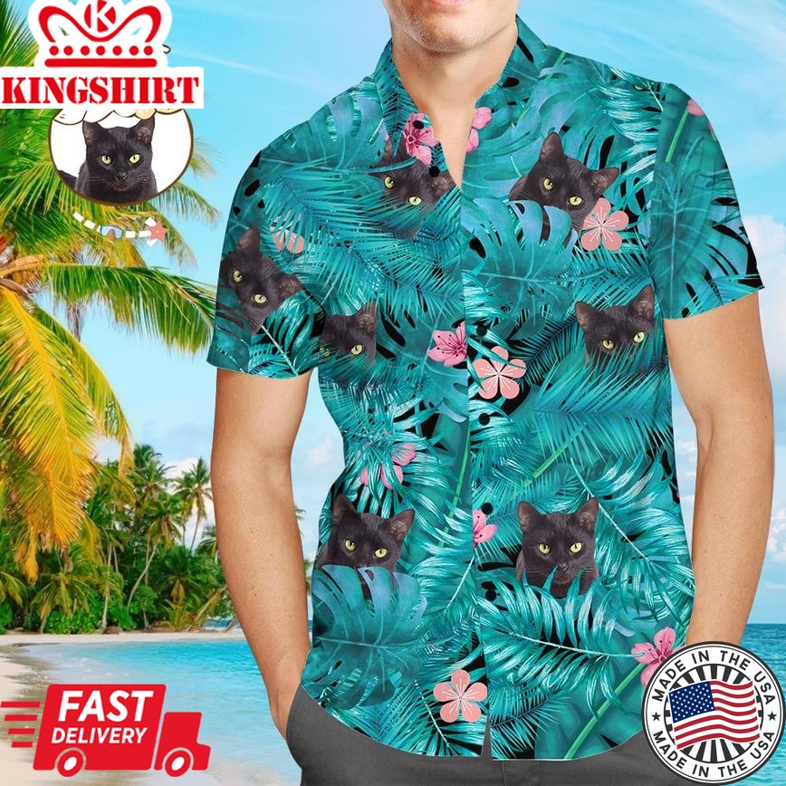 Custom Face Shirt Men's Hawaiian Shirt Black Cat