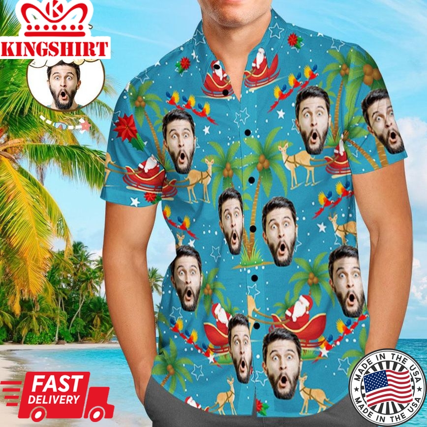 Custom Face Shirt Personalized Photo Men's Hawaiian Shirt Christmas Gift - Santa And Elk