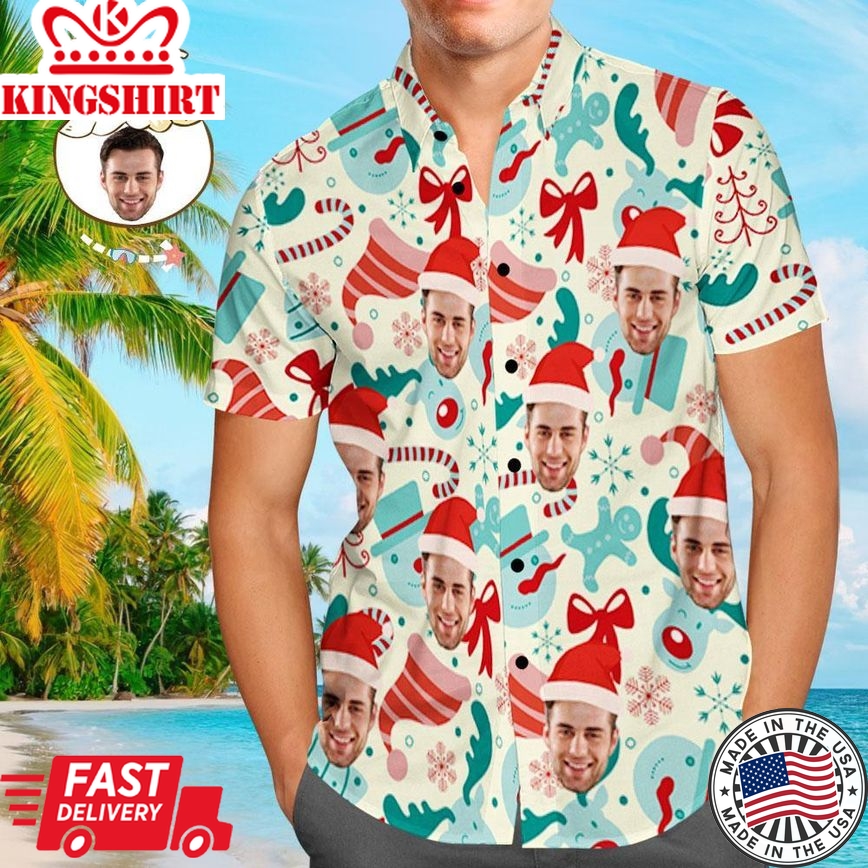 Custom Face Shirt Personalized Photo Men's Hawaiian Shirt Christmas Gift - Santa Hat