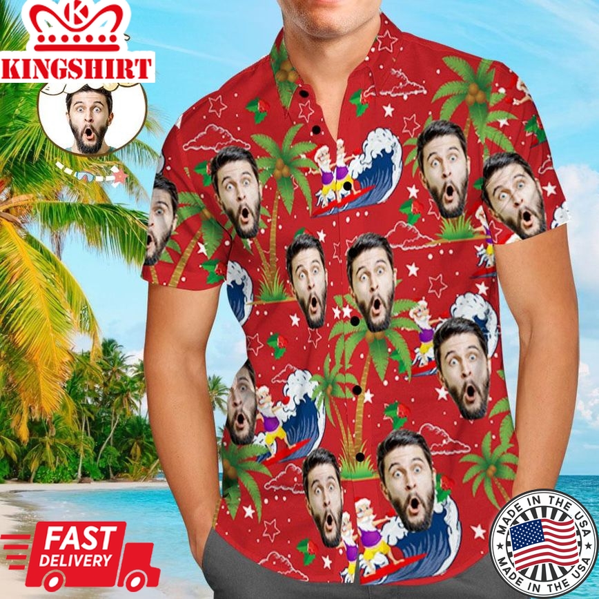 Custom Face Shirt Personalized Photo Men's Hawaiian Shirt Christmas Gift - Surfing Santa