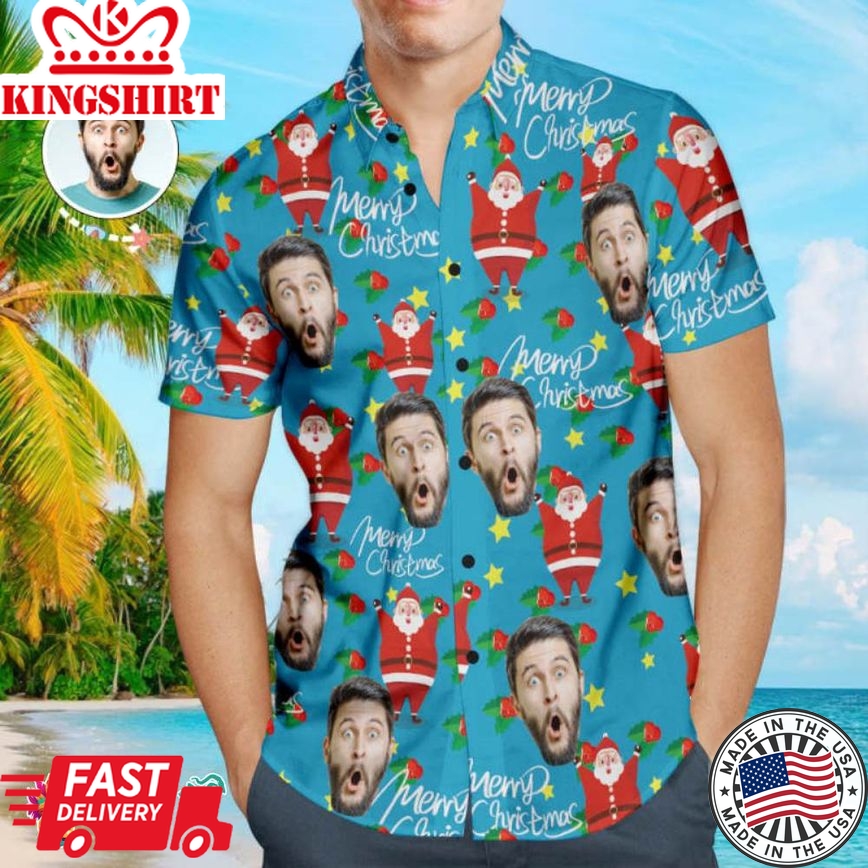 Custom Face Shirt Personalized Photo Men's Trending Hawaiian Shirts Hawaiian Shirt Christmas Gift - Happy Santa