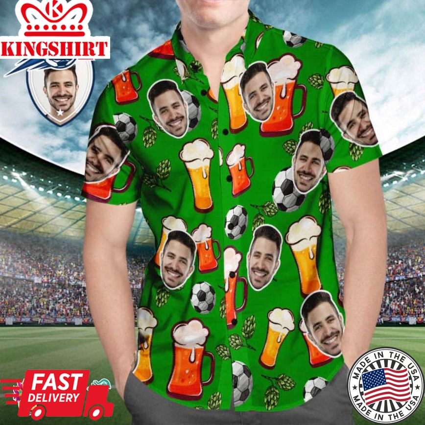 Custom Face Soccer Pattern Trending Hawaiian Shirts Hawaiian Shirt Beer Soccer Hops Beach Shirt For Soccer Lovers