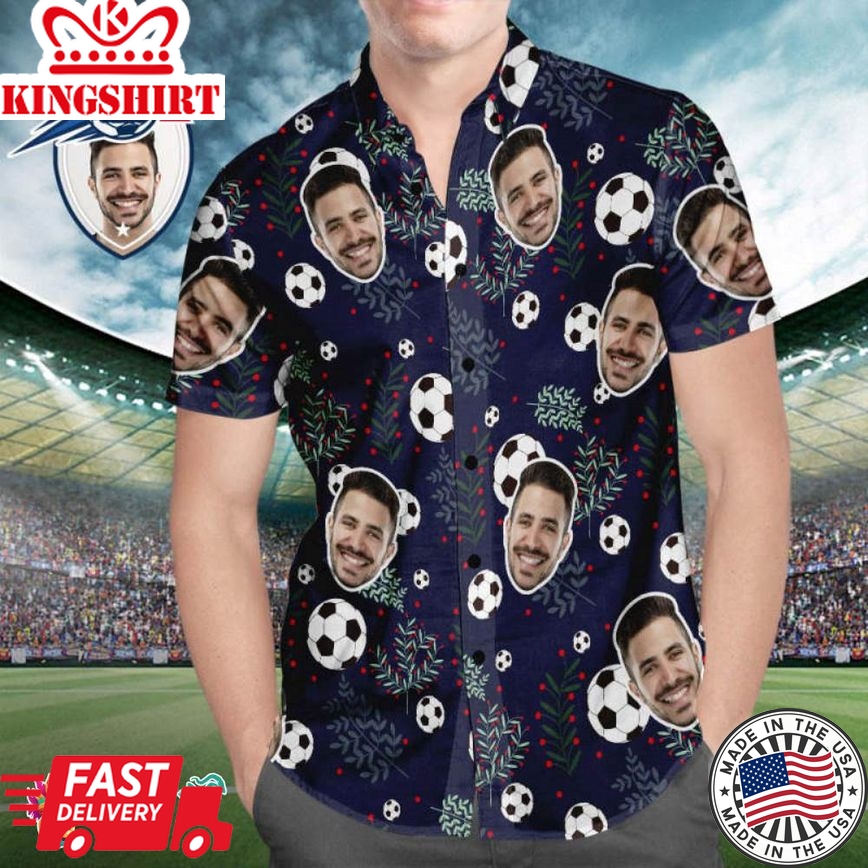 Custom Face Soccer Pattern Trending Hawaiian Shirts Hawaiian Shirt Green Plants Beach Shirt For Soccer Lovers