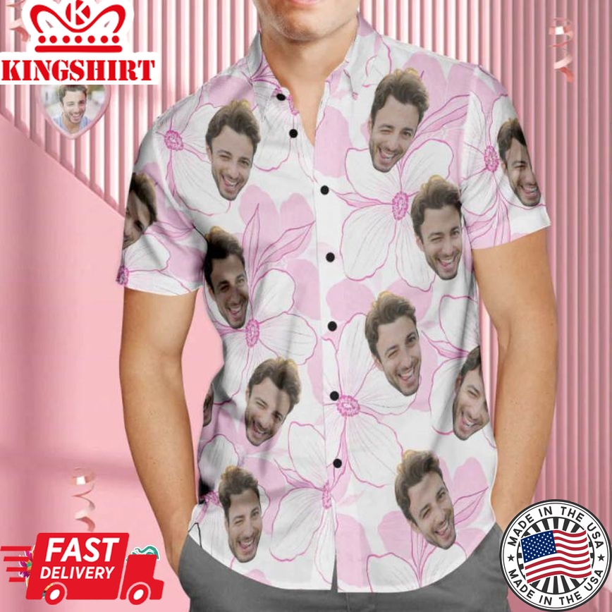 Custom Face Trending Hawaiian Shirts Hawaiian Shirt Personalized Men's Photo Shirt Valentine's Day Gift For Him Pink Flower