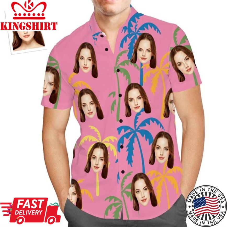 Custom Face Trending Hawaiian Shirts Hawaiian Shirt Pink Palm Tree Shirts Tropical Beach Shirts For Men